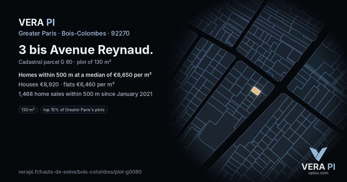 3 bis Avenue Reynaud, Bois-Colombes at night – the plot lit, the parcels around coloured by the prices near them
