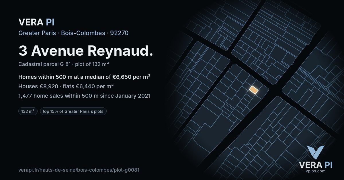 3 Avenue Reynaud, Bois-Colombes at night – the plot lit, the parcels around coloured by the prices near them