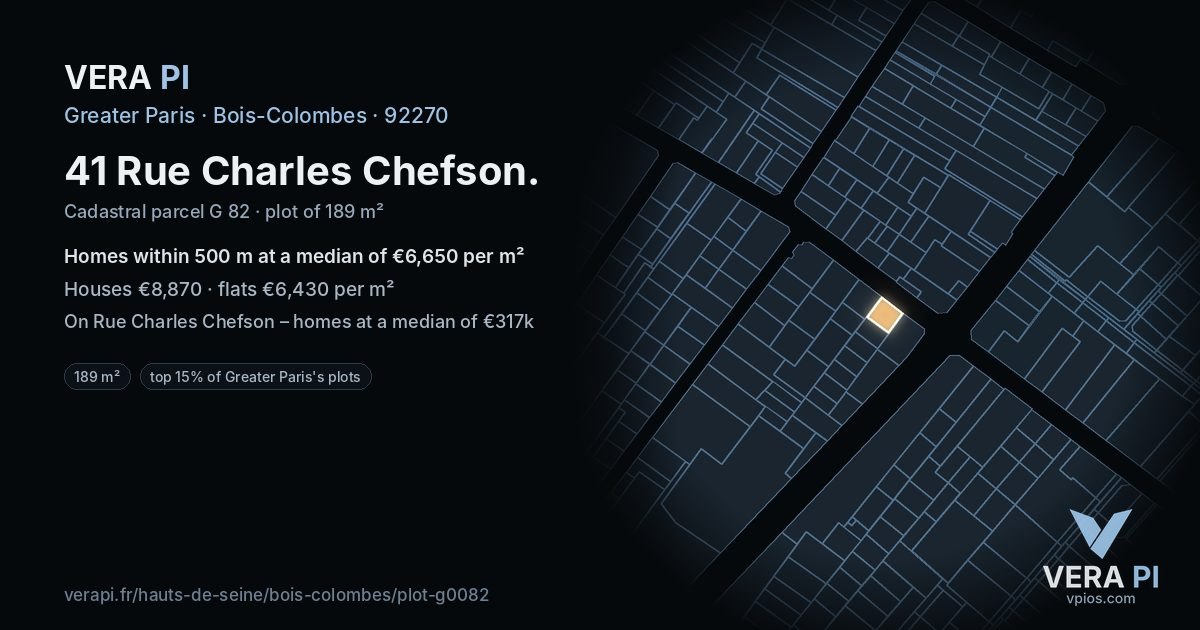 41 Rue Charles Chefson, Bois-Colombes at night – the plot lit, the parcels around coloured by the prices near them