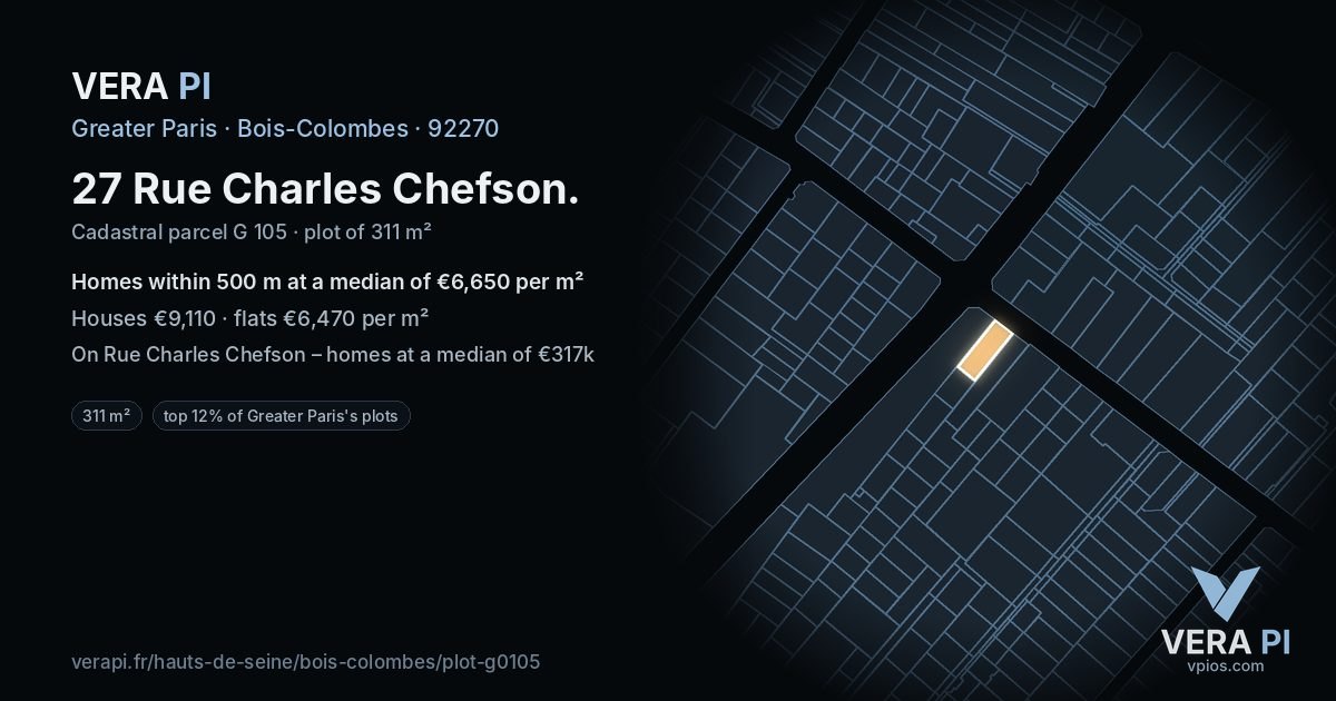 27 Rue Charles Chefson, Bois-Colombes at night – the plot lit, the parcels around coloured by the prices near them