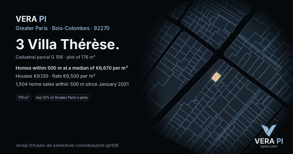 3 Villa Thérèse, Bois-Colombes at night – the plot lit, the parcels around coloured by the prices near them