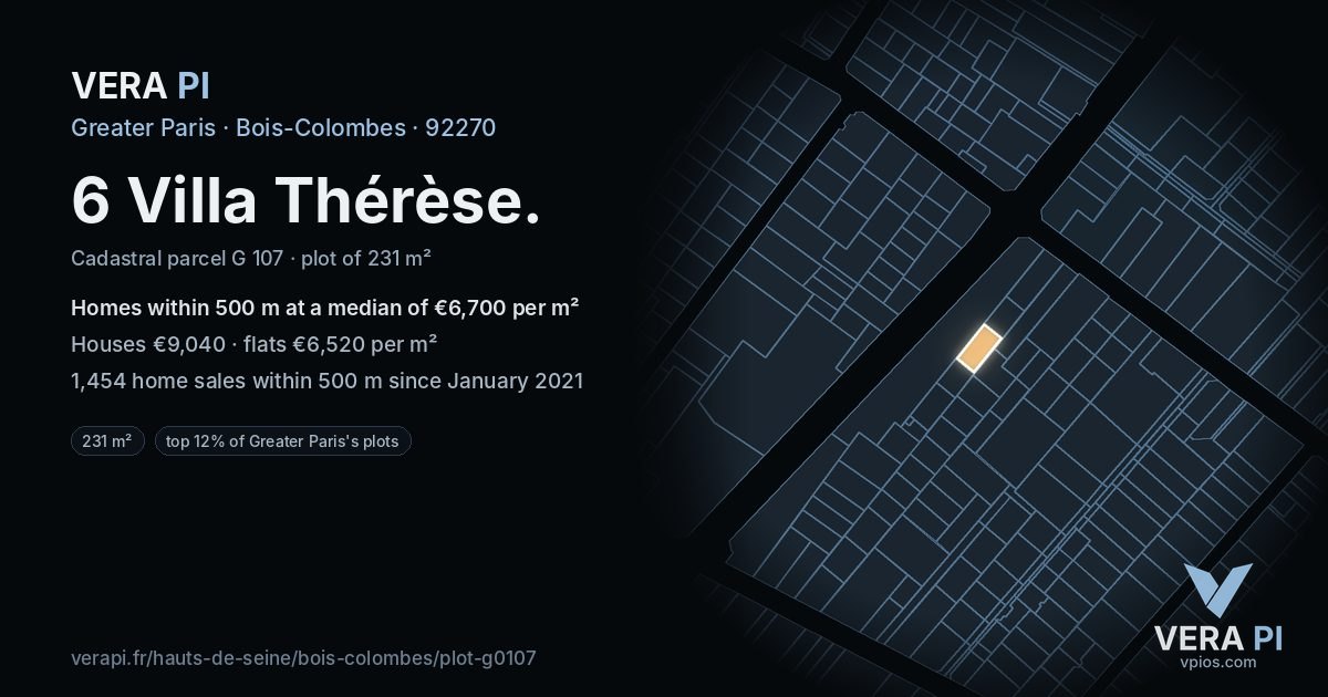6 Villa Thérèse, Bois-Colombes at night – the plot lit, the parcels around coloured by the prices near them