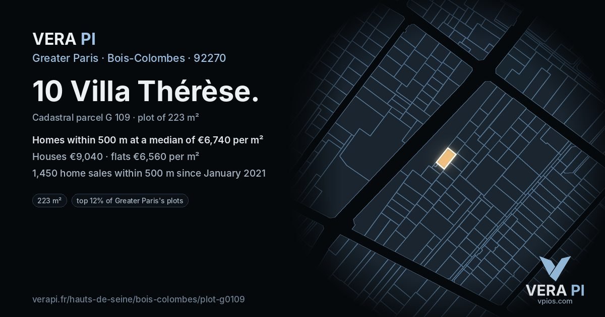 10 Villa Thérèse, Bois-Colombes at night – the plot lit, the parcels around coloured by the prices near them