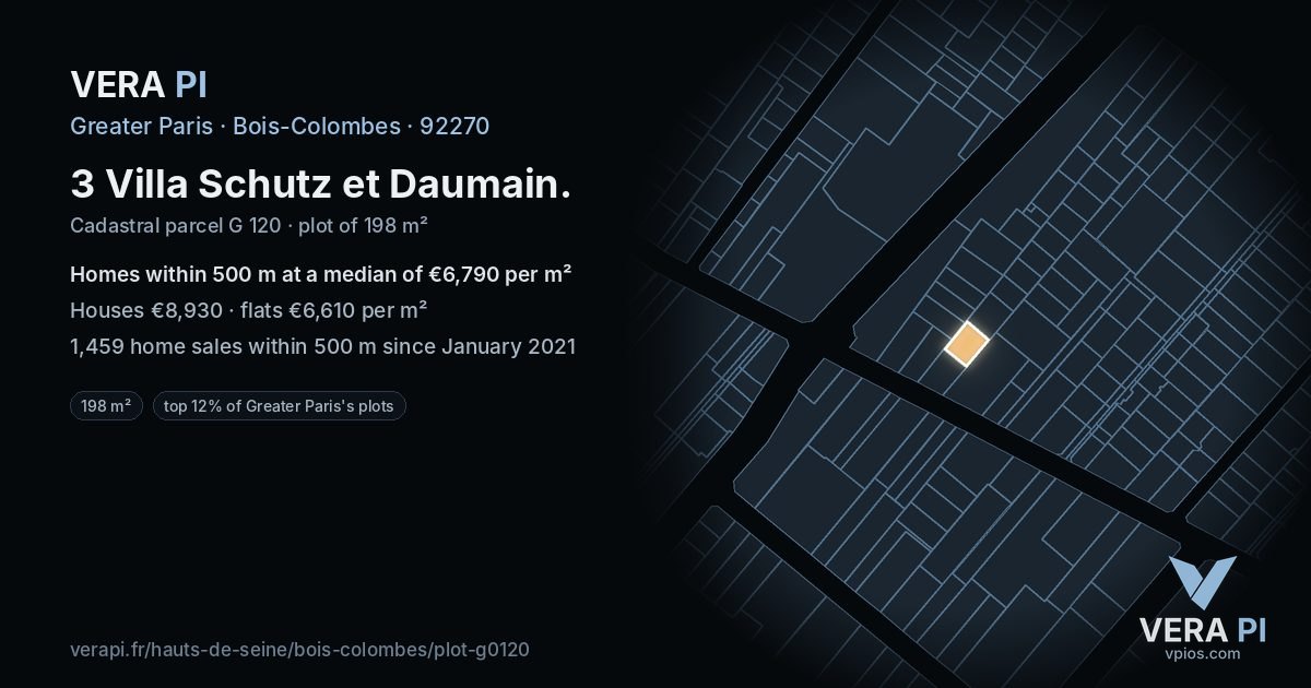 3 Villa Schutz et Daumain, Bois-Colombes at night – the plot lit, the parcels around coloured by the prices near them