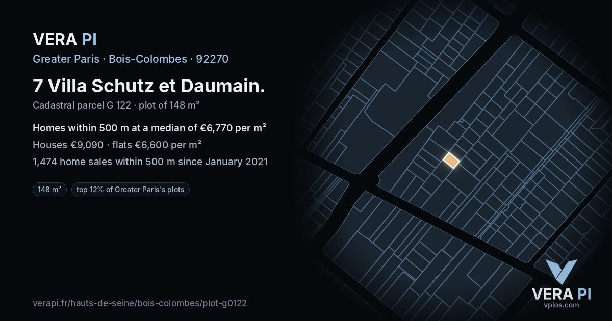7 Villa Schutz et Daumain, Bois-Colombes at night – the plot lit, the parcels around coloured by the prices near them