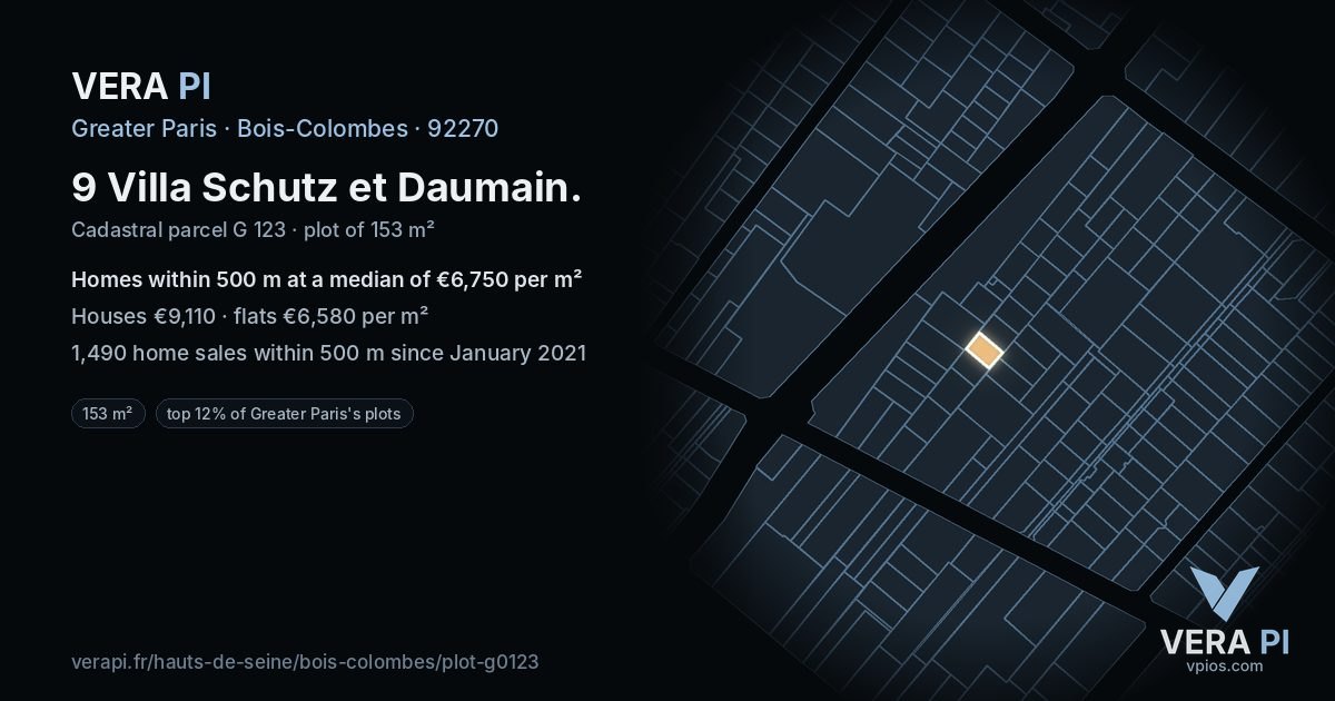 9 Villa Schutz et Daumain, Bois-Colombes at night – the plot lit, the parcels around coloured by the prices near them