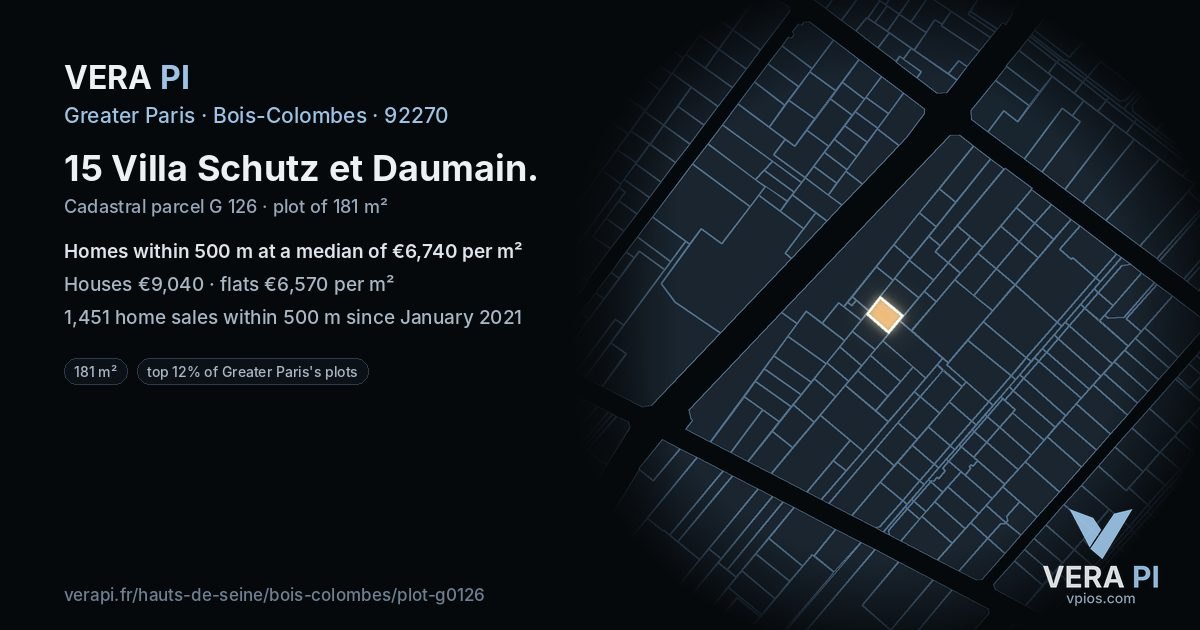15 Villa Schutz et Daumain, Bois-Colombes at night – the plot lit, the parcels around coloured by the prices near them