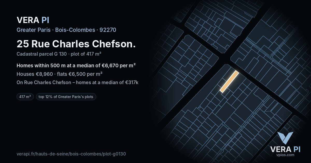 25 Rue Charles Chefson, Bois-Colombes at night – the plot lit, the parcels around coloured by the prices near them
