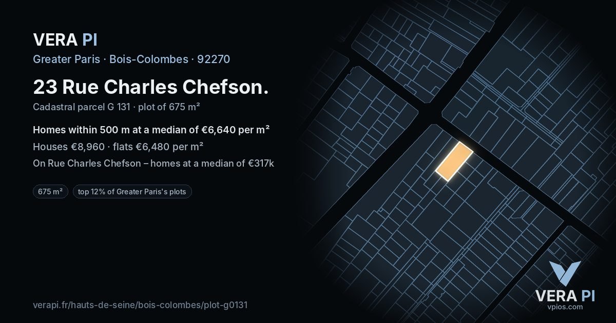 23 Rue Charles Chefson, Bois-Colombes at night – the plot lit, the parcels around coloured by the prices near them