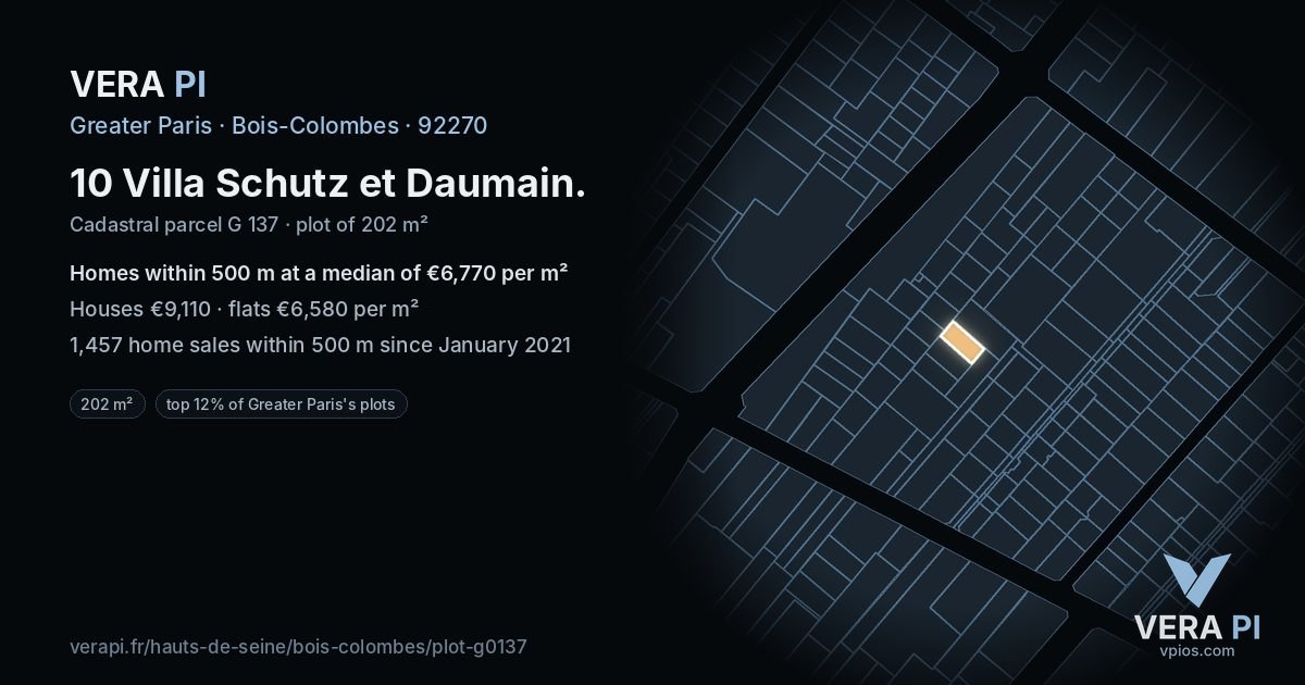 10 Villa Schutz et Daumain, Bois-Colombes at night – the plot lit, the parcels around coloured by the prices near them