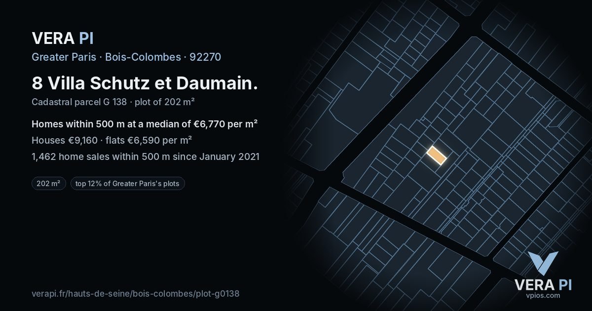 8 Villa Schutz et Daumain, Bois-Colombes at night – the plot lit, the parcels around coloured by the prices near them