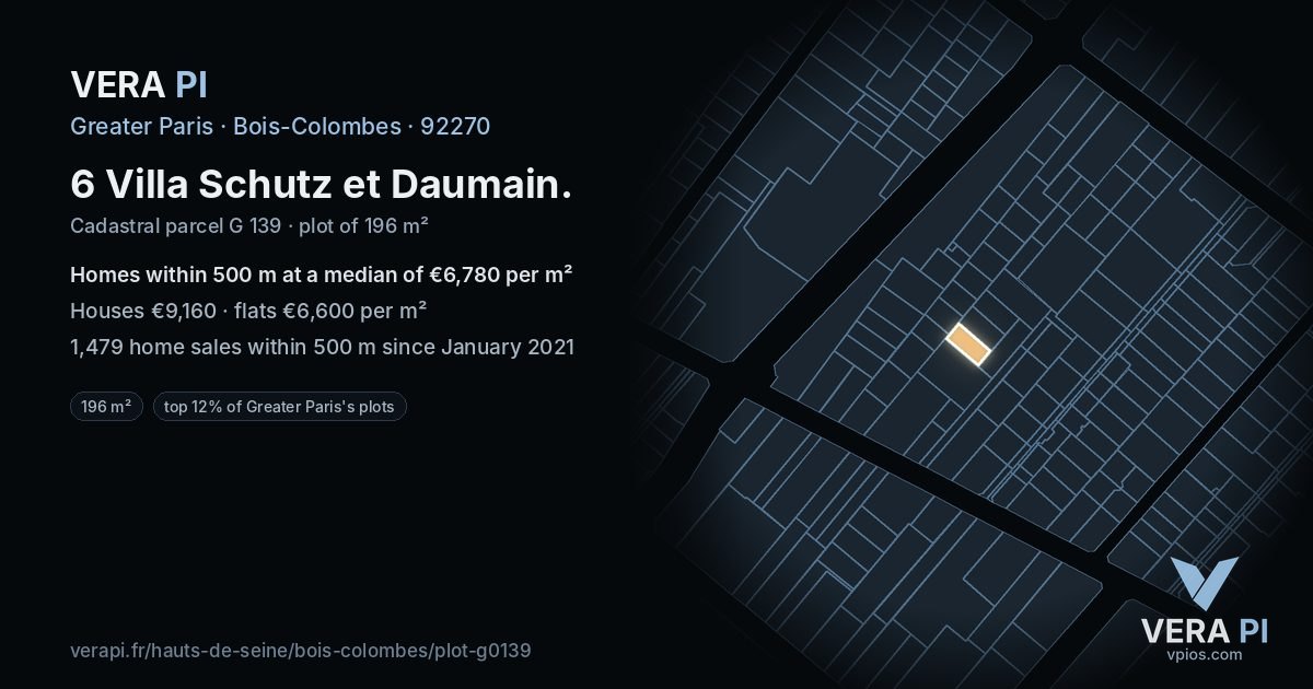 6 Villa Schutz et Daumain, Bois-Colombes at night – the plot lit, the parcels around coloured by the prices near them
