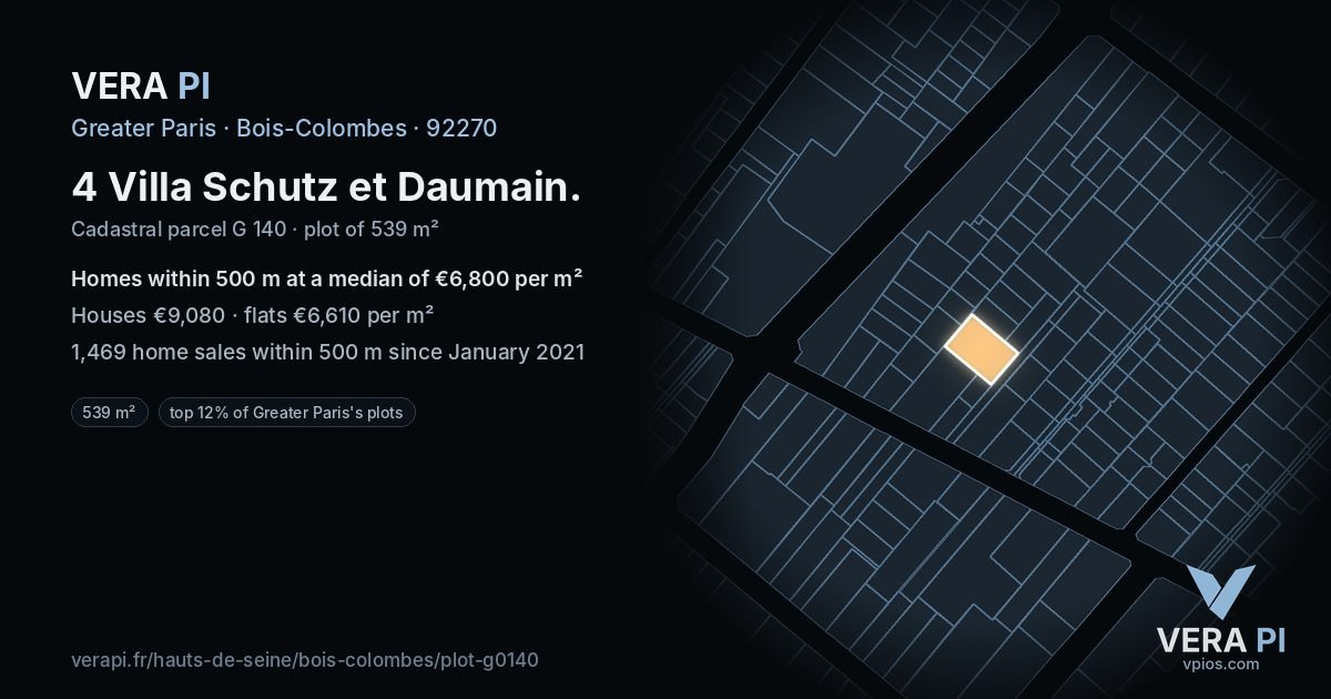4 Villa Schutz et Daumain, Bois-Colombes at night – the plot lit, the parcels around coloured by the prices near them