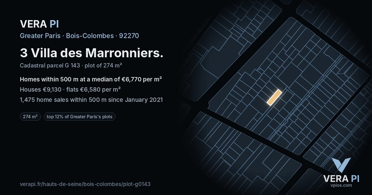 3 Villa des Marronniers, Bois-Colombes at night – the plot lit, the parcels around coloured by the prices near them