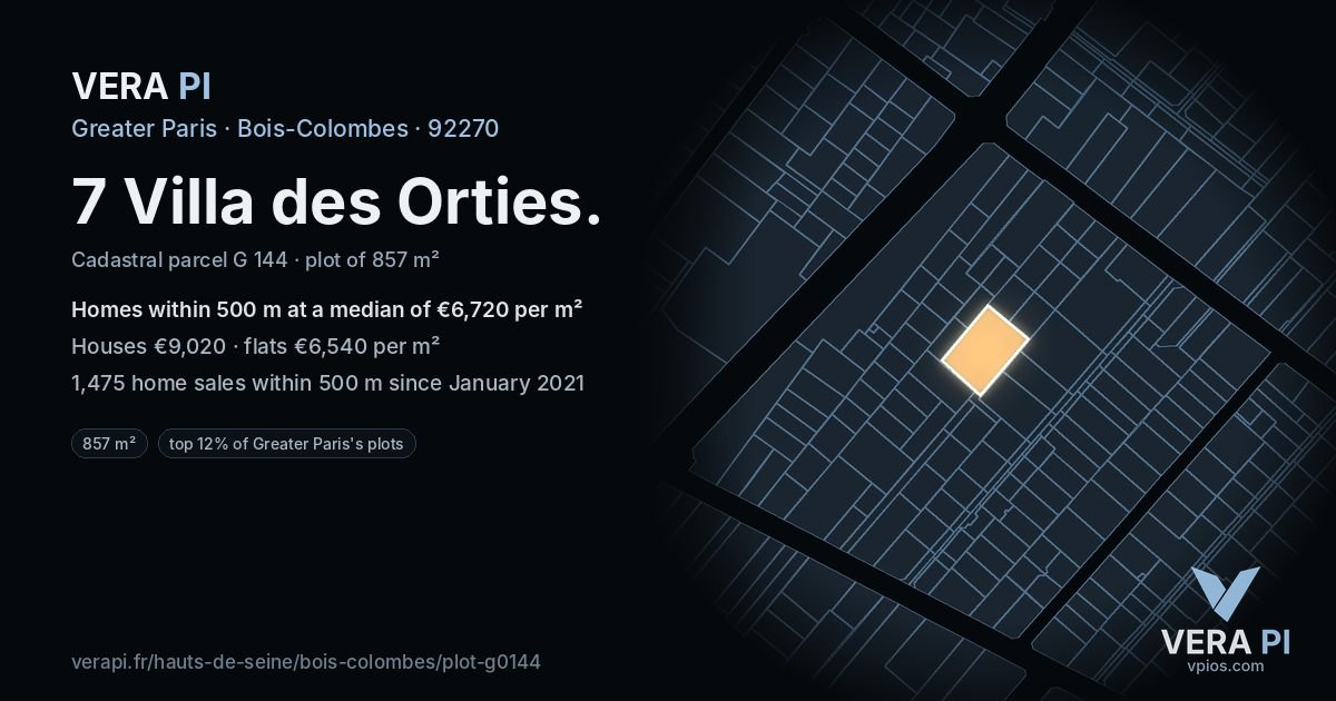 7 Villa des Orties, Bois-Colombes at night – the plot lit, the parcels around coloured by the prices near them