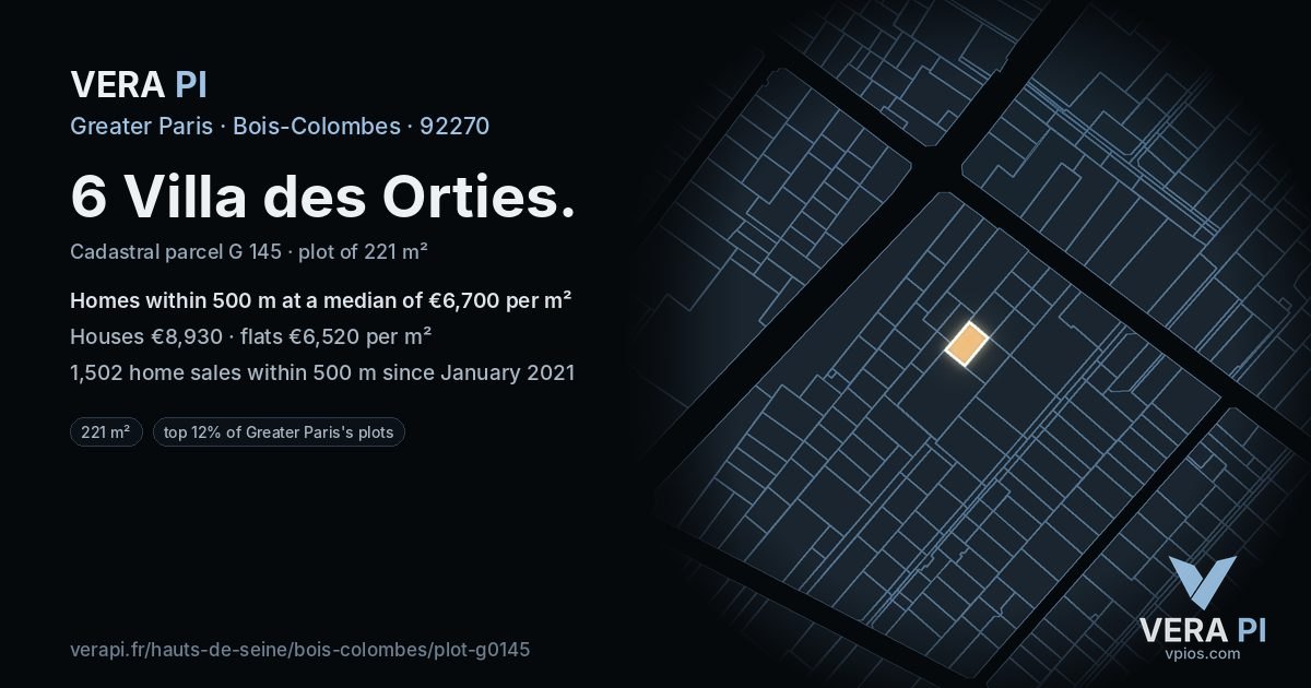 6 Villa des Orties, Bois-Colombes at night – the plot lit, the parcels around coloured by the prices near them