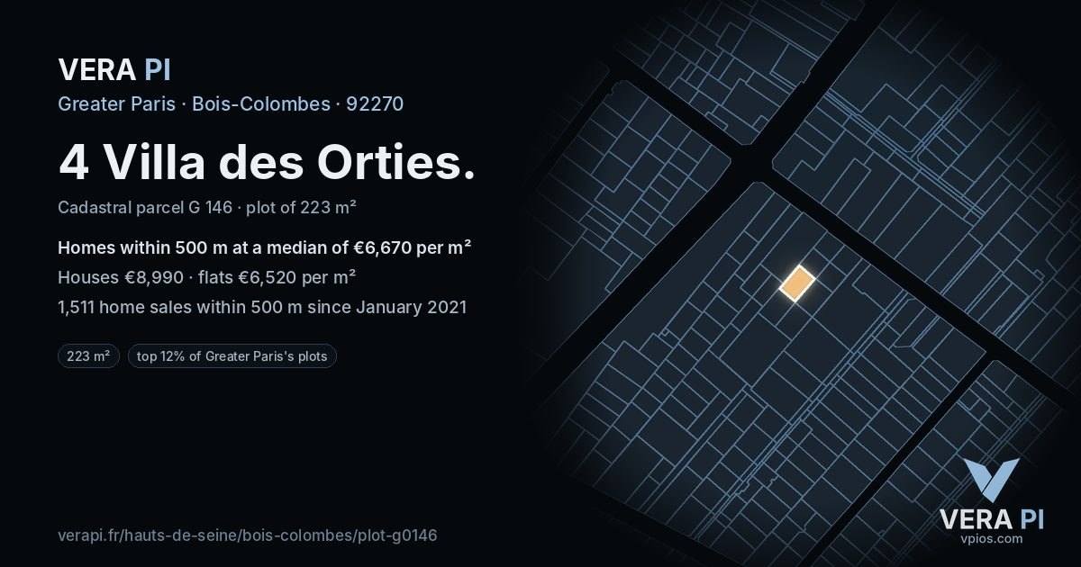 4 Villa des Orties, Bois-Colombes at night – the plot lit, the parcels around coloured by the prices near them