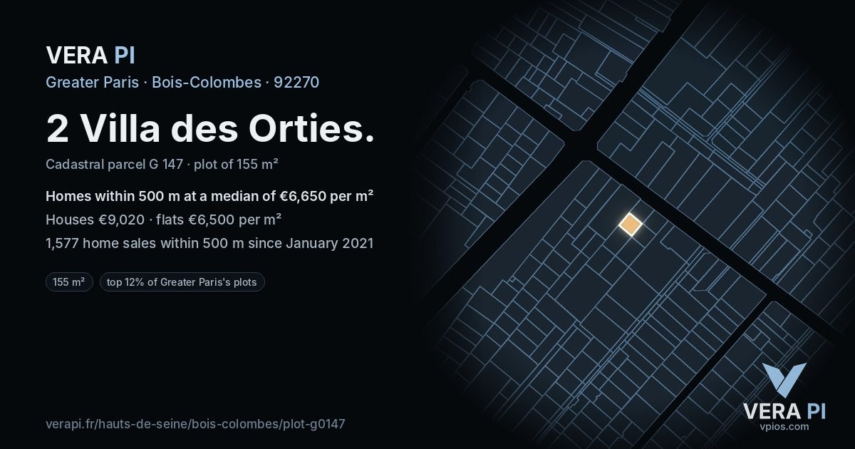 2 Villa des Orties, Bois-Colombes at night – the plot lit, the parcels around coloured by the prices near them