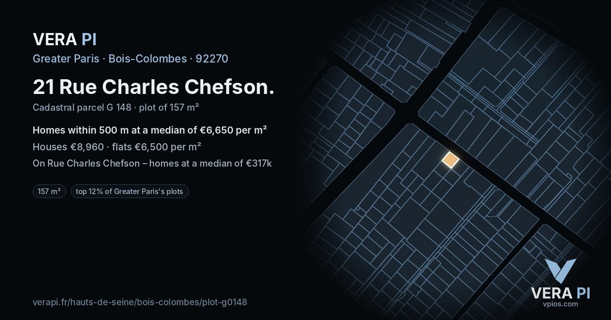 21 Rue Charles Chefson, Bois-Colombes at night – the plot lit, the parcels around coloured by the prices near them