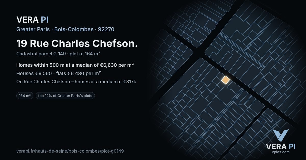 19 Rue Charles Chefson, Bois-Colombes at night – the plot lit, the parcels around coloured by the prices near them
