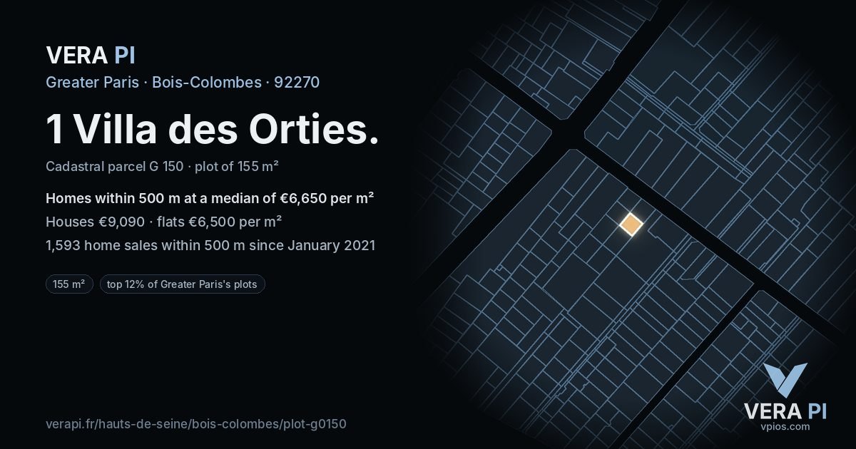 1 Villa des Orties, Bois-Colombes at night – the plot lit, the parcels around coloured by the prices near them