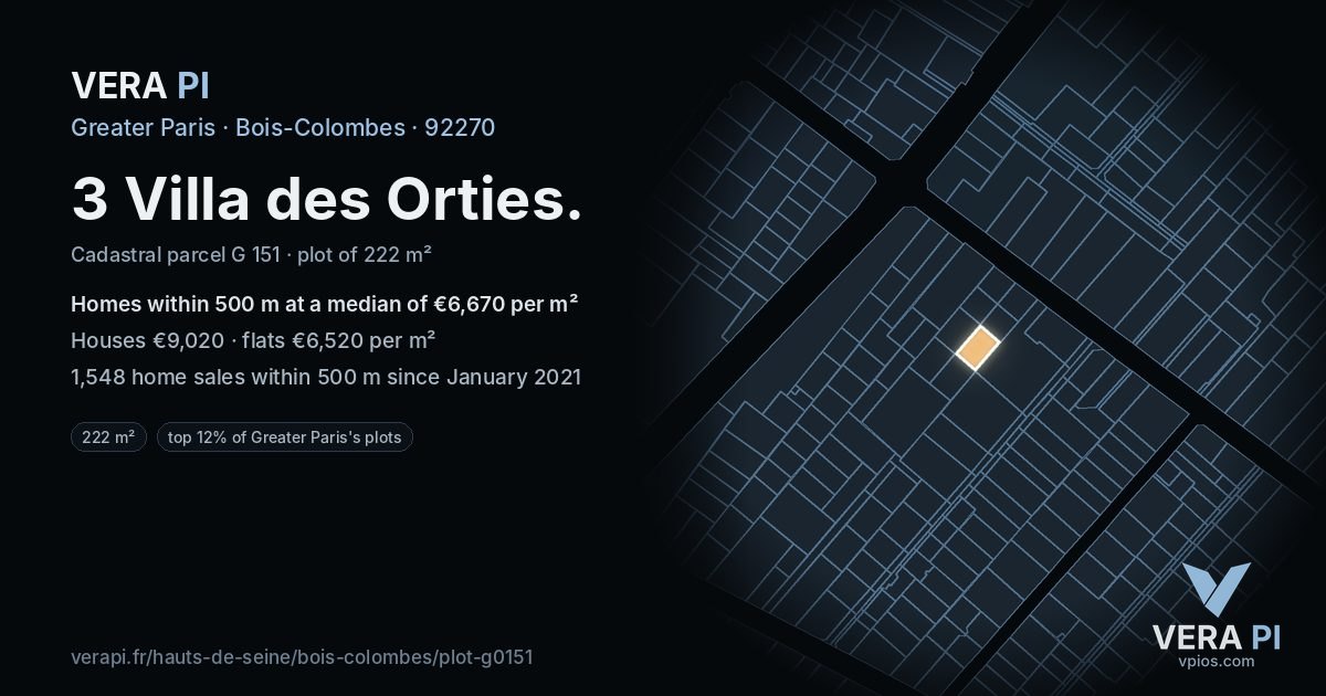 3 Villa des Orties, Bois-Colombes at night – the plot lit, the parcels around coloured by the prices near them