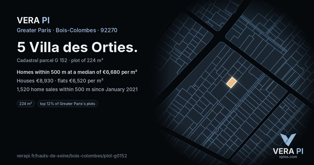 5 Villa des Orties, Bois-Colombes at night – the plot lit, the parcels around coloured by the prices near them