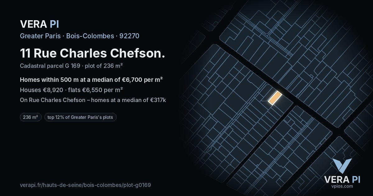11 Rue Charles Chefson, Bois-Colombes at night – the plot lit, the parcels around coloured by the prices near them