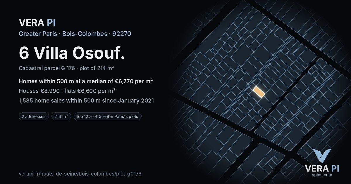 6 Villa Osouf, Bois-Colombes at night – the plot lit, the parcels around coloured by the prices near them