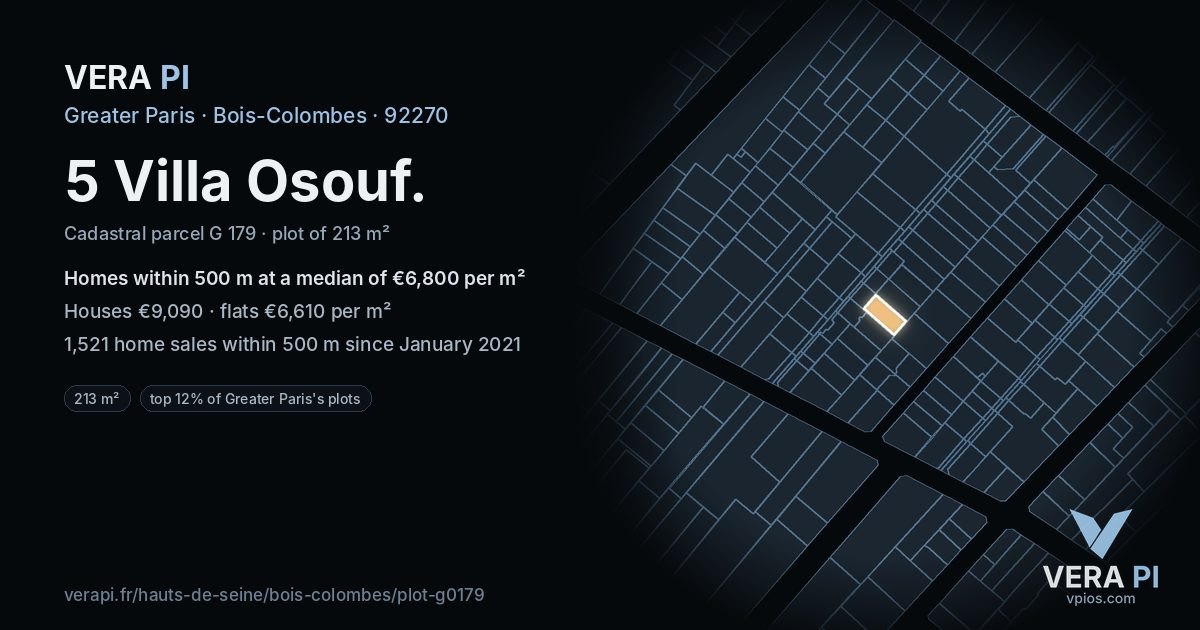 5 Villa Osouf, Bois-Colombes at night – the plot lit, the parcels around coloured by the prices near them