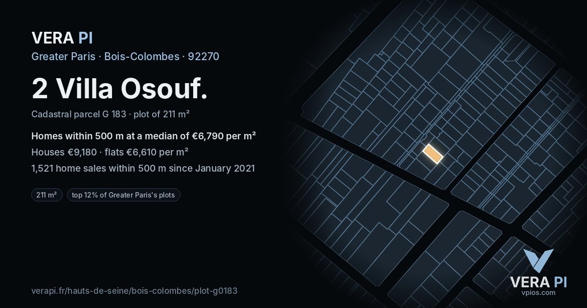2 Villa Osouf, Bois-Colombes at night – the plot lit, the parcels around coloured by the prices near them