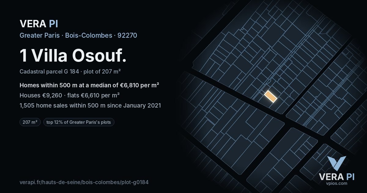 1 Villa Osouf, Bois-Colombes at night – the plot lit, the parcels around coloured by the prices near them