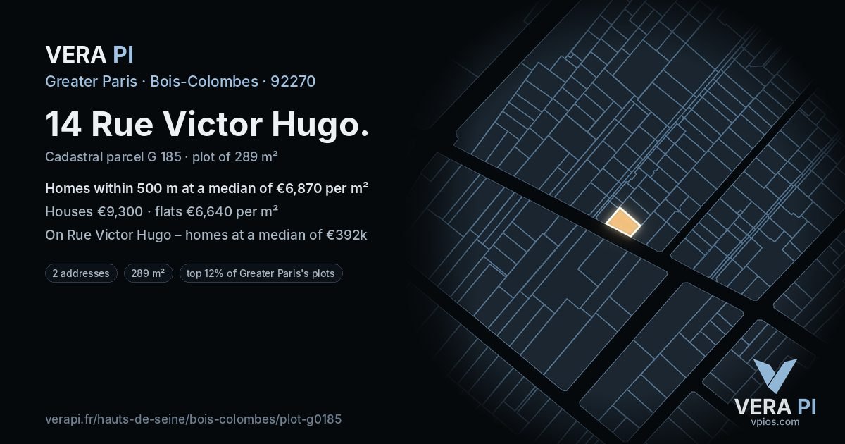 14 Rue Victor Hugo, Bois-Colombes at night – the plot lit, the parcels around coloured by the prices near them
