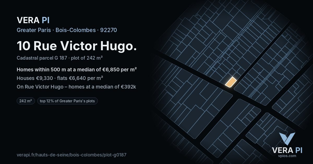 10 Rue Victor Hugo, Bois-Colombes at night – the plot lit, the parcels around coloured by the prices near them