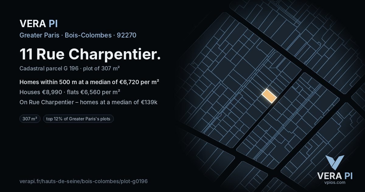 11 Rue Charpentier, Bois-Colombes at night – the plot lit, the parcels around coloured by the prices near them