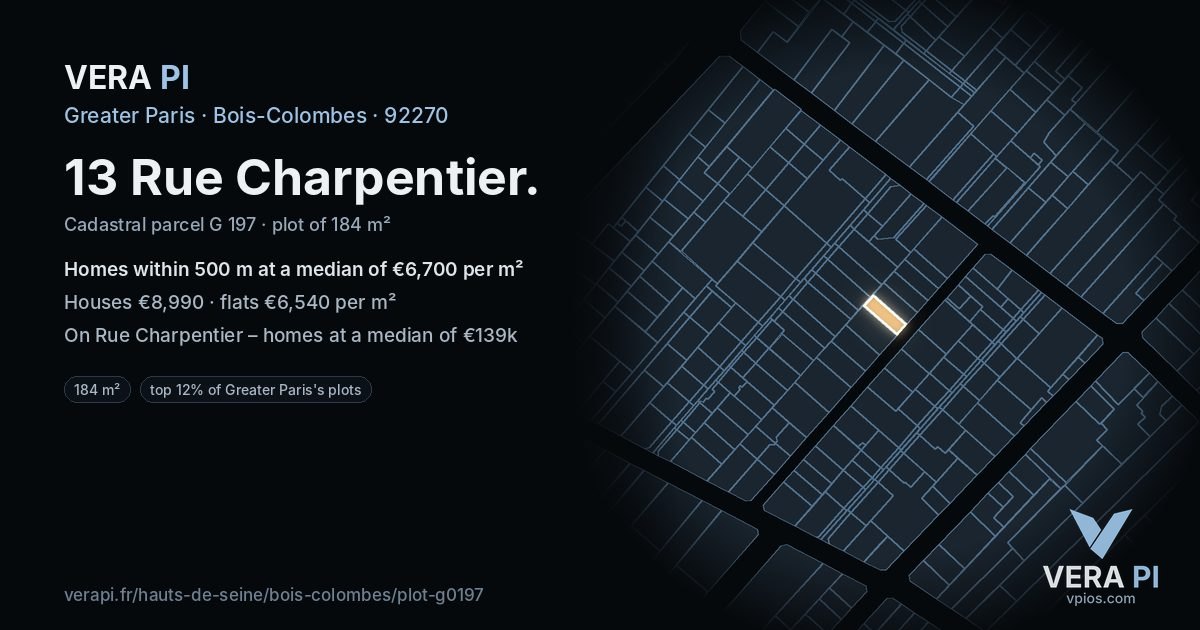 13 Rue Charpentier, Bois-Colombes at night – the plot lit, the parcels around coloured by the prices near them