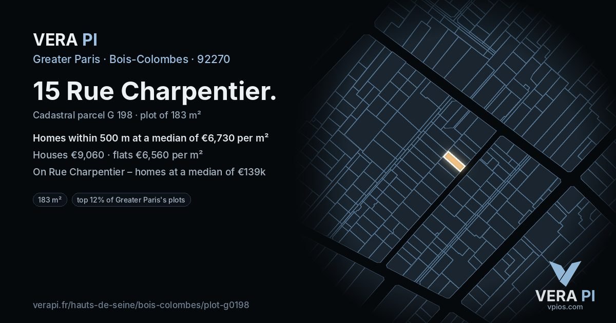 15 Rue Charpentier, Bois-Colombes at night – the plot lit, the parcels around coloured by the prices near them