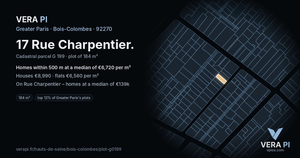17 Rue Charpentier, Bois-Colombes at night – the plot lit, the parcels around coloured by the prices near them