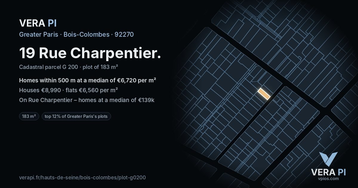 19 Rue Charpentier, Bois-Colombes at night – the plot lit, the parcels around coloured by the prices near them