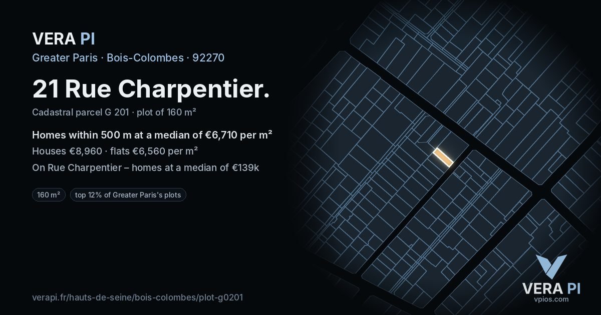 21 Rue Charpentier, Bois-Colombes at night – the plot lit, the parcels around coloured by the prices near them