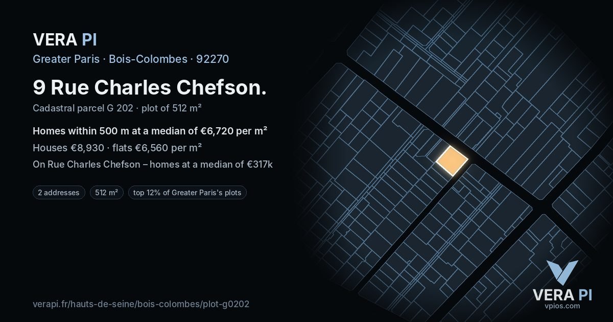 9 Rue Charles Chefson, Bois-Colombes at night – the plot lit, the parcels around coloured by the prices near them