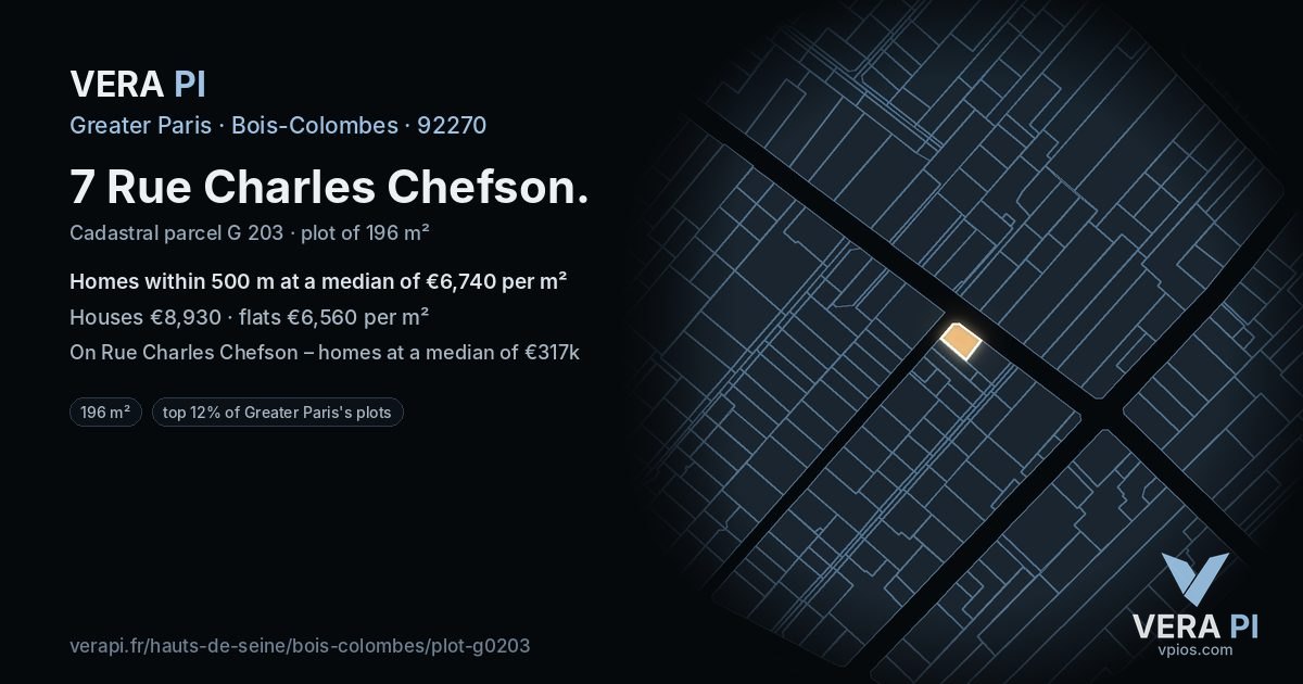 7 Rue Charles Chefson, Bois-Colombes at night – the plot lit, the parcels around coloured by the prices near them