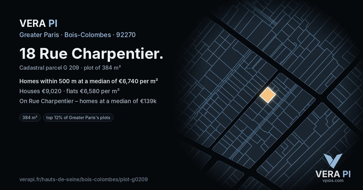 18 Rue Charpentier, Bois-Colombes at night – the plot lit, the parcels around coloured by the prices near them