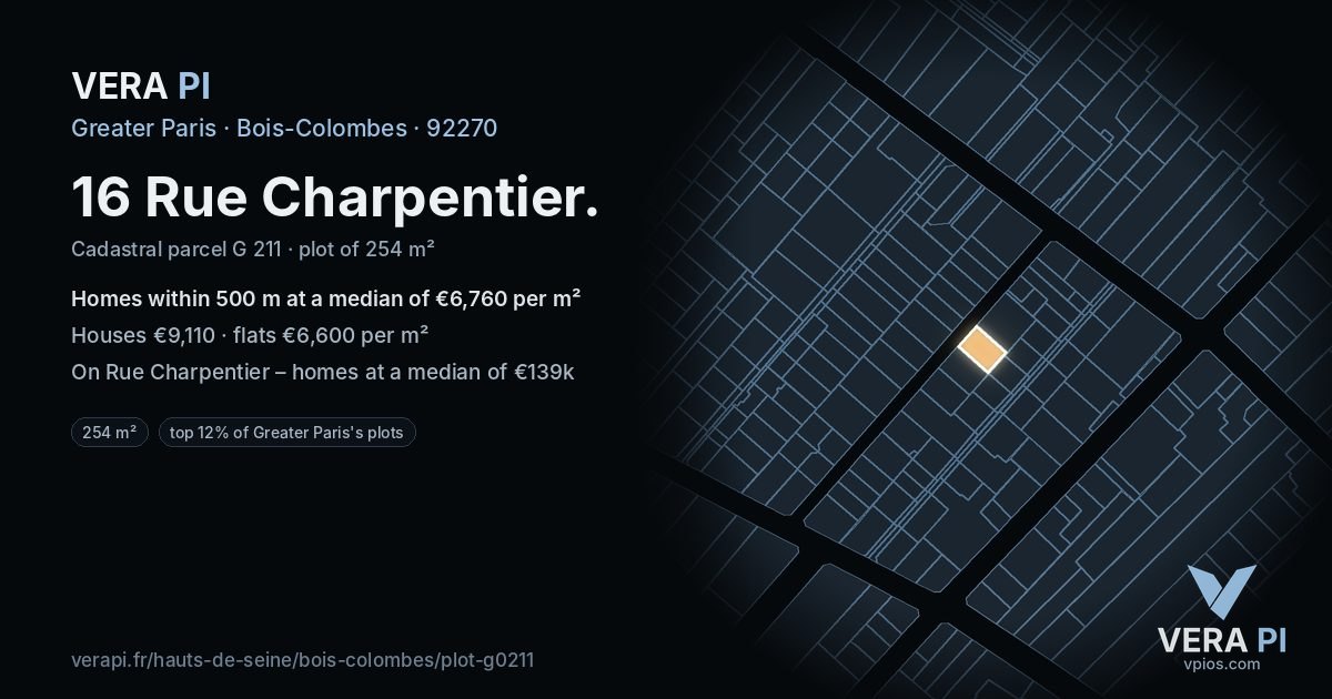 16 Rue Charpentier, Bois-Colombes at night – the plot lit, the parcels around coloured by the prices near them