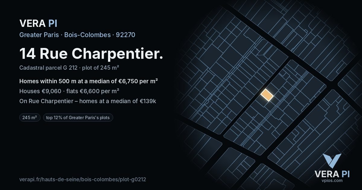 14 Rue Charpentier, Bois-Colombes at night – the plot lit, the parcels around coloured by the prices near them