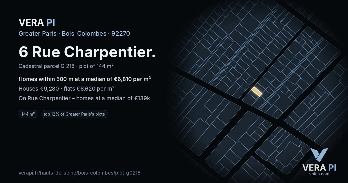 6 Rue Charpentier, Bois-Colombes at night – the plot lit, the parcels around coloured by the prices near them