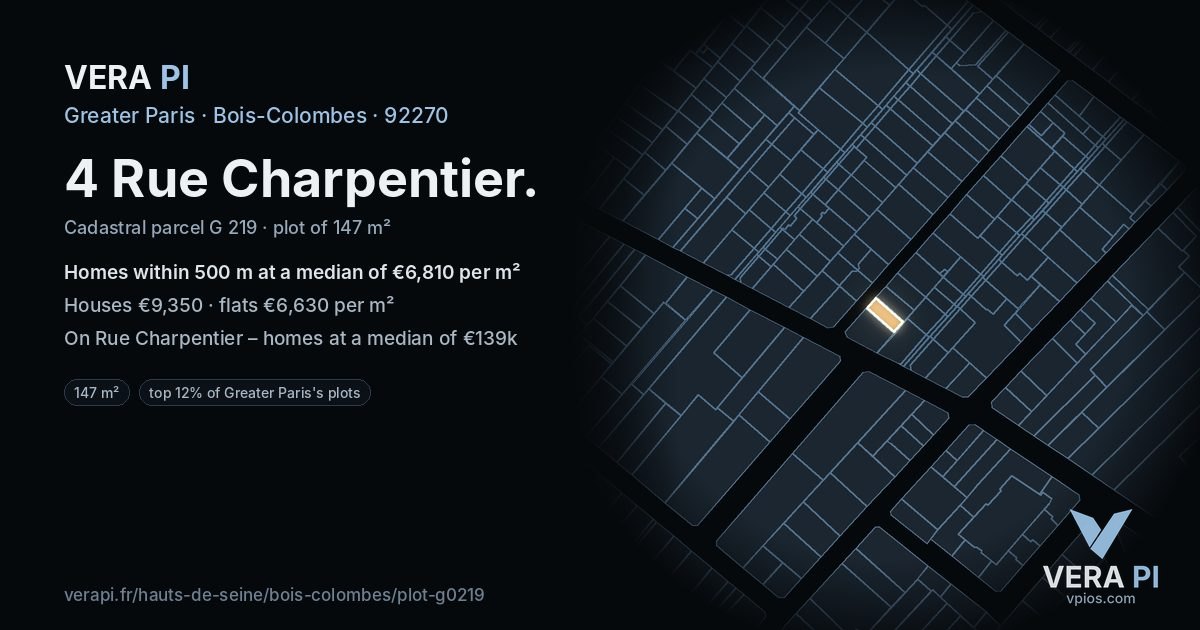 4 Rue Charpentier, Bois-Colombes at night – the plot lit, the parcels around coloured by the prices near them
