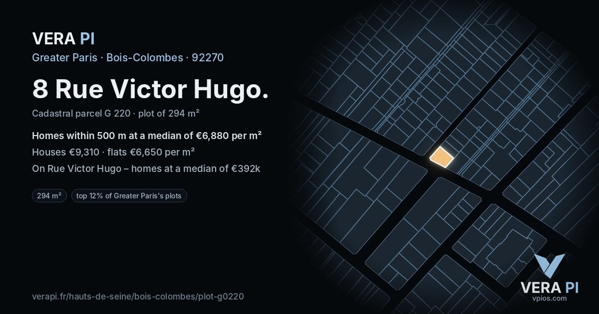 8 Rue Victor Hugo, Bois-Colombes at night – the plot lit, the parcels around coloured by the prices near them