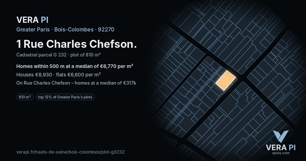 1 Rue Charles Chefson, Bois-Colombes at night – the plot lit, the parcels around coloured by the prices near them