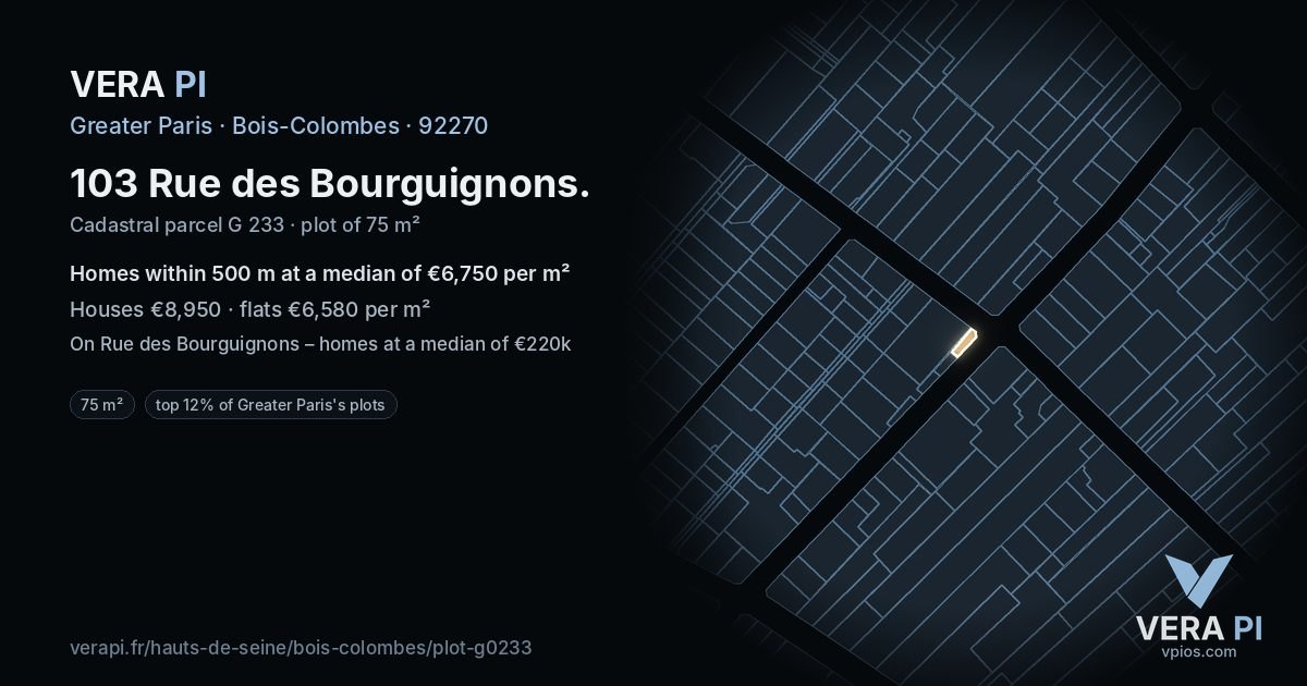 103 Rue des Bourguignons, Bois-Colombes at night – the plot lit, the parcels around coloured by the prices near them